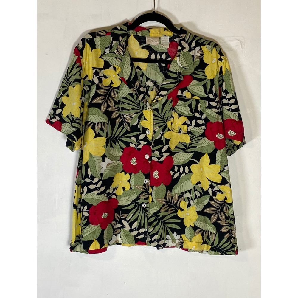 Erika Tropical Hawaiian Floral Button Down Camp Shirt XXL Vacation Resort
